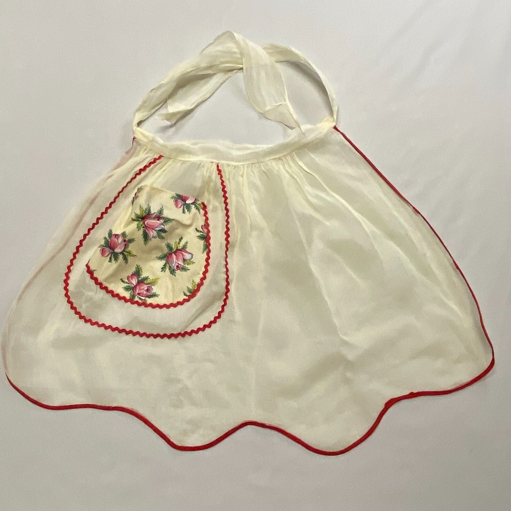 Vintage Floral Pocket Waist Apron Ivory Red Trim Scalloped Edge 1950s Handmade